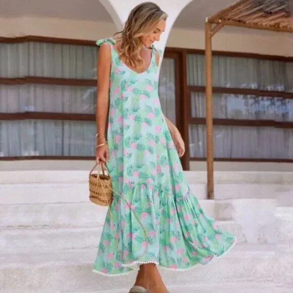 Kenny Flowers The Sunshine State Vacation Maxi Dress Flamingo Beach Size Large - Picture 1 of 12